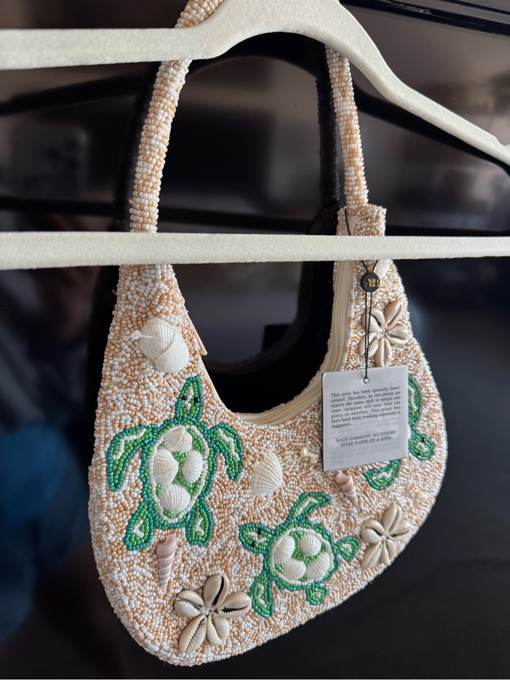 Beaded Turtle Embellished Shoulder Bag - Beige & Green